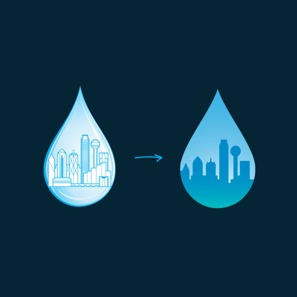 A graphic showing a water drop icon containing a detailed line-art skyline of Dallas, with an arrow pointing to a second water drop icon featuring a solid blue silhouette of the same skyline.
