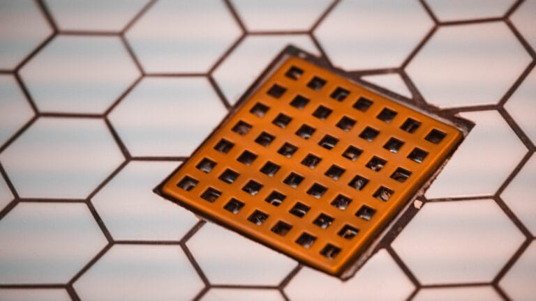Close-up of a clean shower drain with hexagonal tiles.
