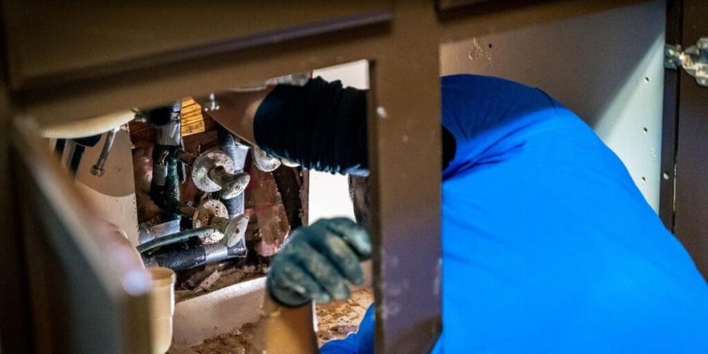 A plumber wearing a blue shirt and gloves works on the pipes underneath a kitchen sink to perform a repair.