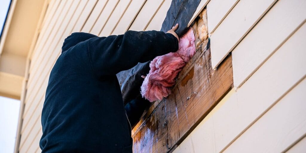 A technician in a dark hoodie pries back a section of exterior siding on a DFW home, exposing pink insulation and water stained wood underneath.