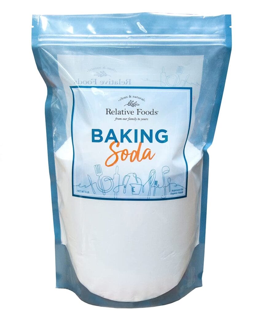 A large, resealable blue and white plastic bag labeled 'Relative Foods Baking Soda' with kitchen utensils graphics.