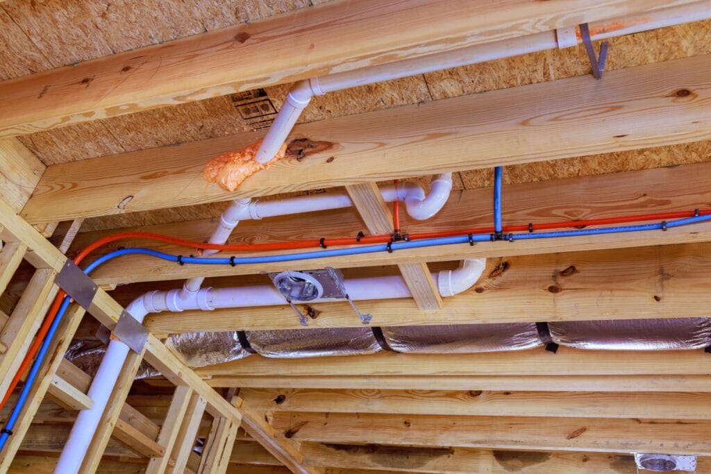 A view of various plumbing pipes (PVC and PEX) running along a newly constructed ceiling.