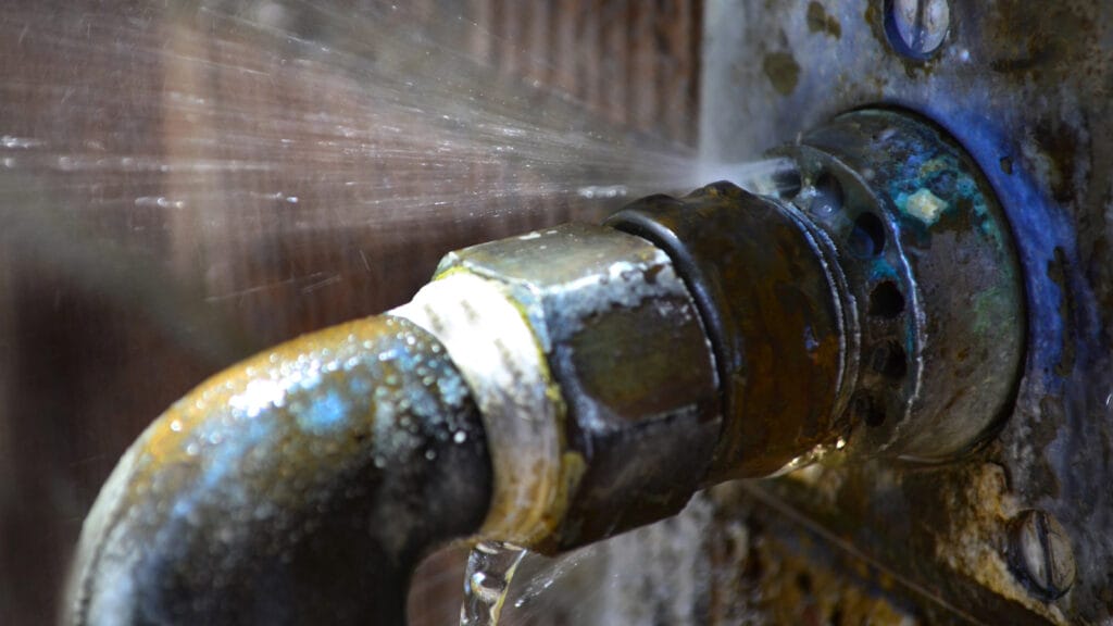 Leaking pipe with visible corrosion and water spray, demonstrating plumbing issues related to the International Plumbing Code
