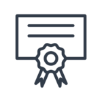 A line art icon of a certificate with a seal and ribbons, representing professional plumbing certification and licensing.