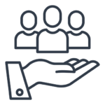 A line art icon of a hand holding three stylized human figures, representing customer care and support services.