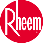 The Rheem brand logo featuring white text inside a red circle.